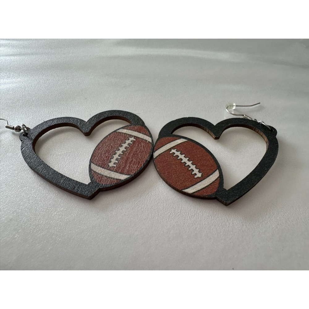 Wooden Heart Football Fan‎ Dangle Earrings Womens Pierced